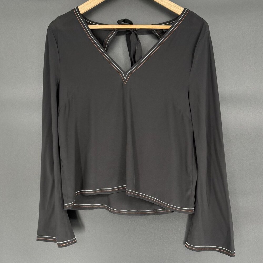 Madewell Women's Silk Stitched Tie-Back Top S Black Flare Sleeve Professional